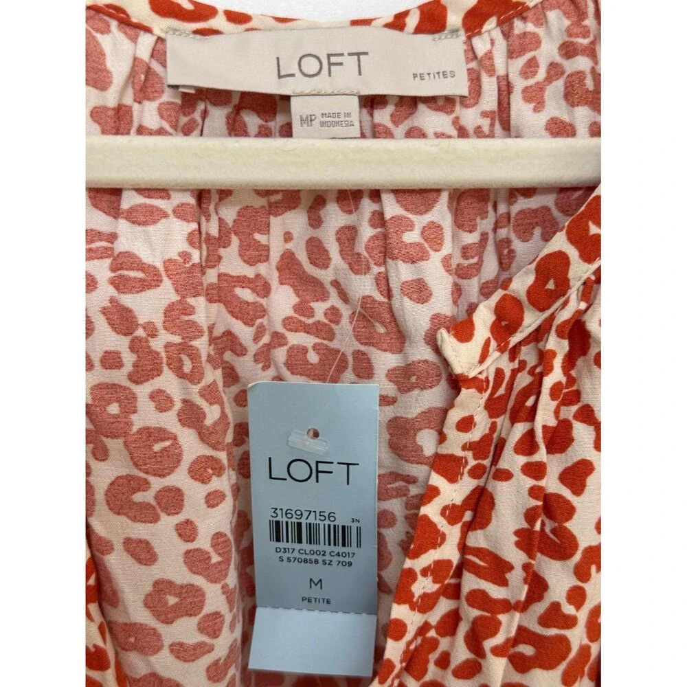 LOFT Leopard Print Orange Split Neck Tie Waist Dress. Medium Petite. MP. NEW.